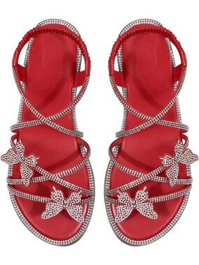 Women's Red Faux Suede Summer Glitter Open Toe Sparkly Rhinestone Flat Sandals